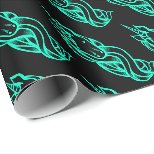 Papier Cadeau Turquoise Noir Motif Licorne Mignon Magique (Coin rond)