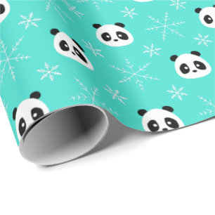 Papier Cadeau Turquoise - Pandas mignonnes avec Snowflakes