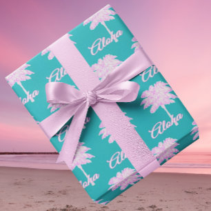 Papier Cadeau Turquoise Rose Blanc Palmier Aloha Tropical