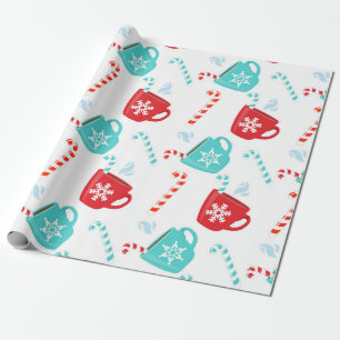 Papier Cadeau Turquoise Rouge Chocolat chaud Noël d'hiver
