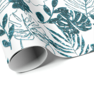 Papier Cadeau Turquoise Tropical Monstera Botanique Blanc Feuill
