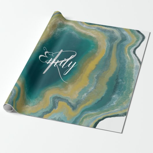Papier Cadeau Turquoise vert Agate marbre Nom Abstrait Monogramm (Déroulé)