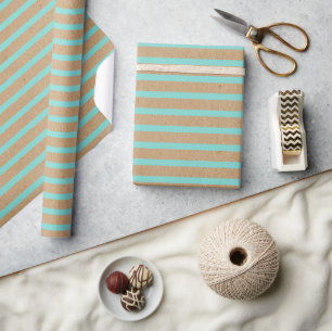 Papier Cadeau Turquoise Vert Menthe Lignes Faux Brun Kraft Rusti
