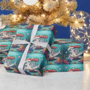 Papier Cadeau Turtle Santa Chapeau Sous l'Océan Fête de Noël