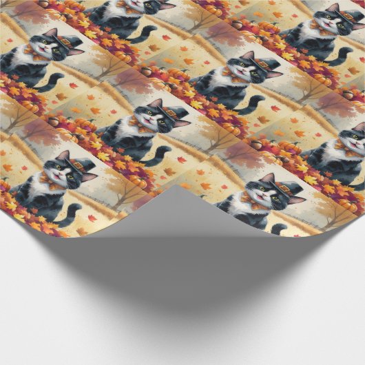 Papier Cadeau Tuxedo Chat À L'Automne Quitte Thanksgiving Art (Coin)