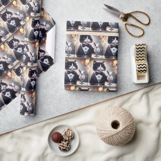 Papier Cadeau Tuxedo Chat Avec Cocktail Martini (Artisanat)