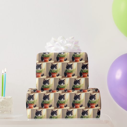 Papier Cadeau Tuxedo Chat Avec Plante Catnip (Cadeaux de fête)