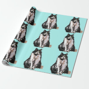 Papier Cadeau Tuxedo Chat Noir et Blanc Chats Aqua turquoise