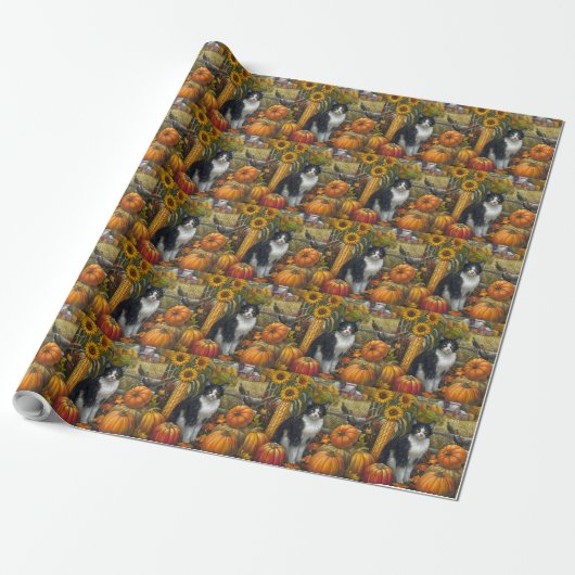 Papier Cadeau Tuxedo Chat récolte d'automne Thankgiving (Déroulé)