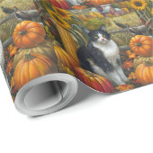 Papier Cadeau Tuxedo Chat récolte d'automne Thankgiving (Coin rond)