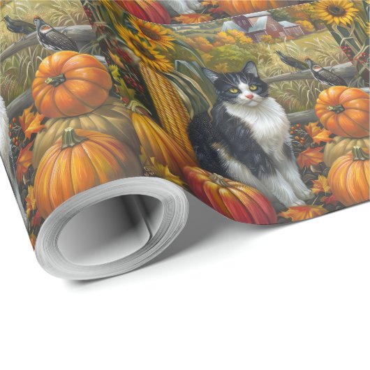 Papier Cadeau Tuxedo Chat récolte d'automne Thankgiving (Coin rond)