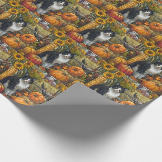 Papier Cadeau Tuxedo Chat récolte d'automne Thankgiving (Coin)