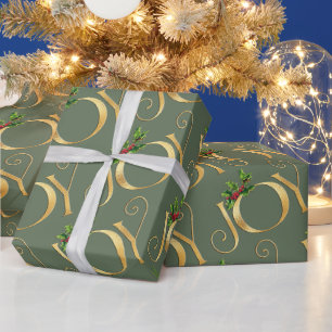 Papier Cadeau Typographie de Joie Vert Or Simple Elégant Noël
