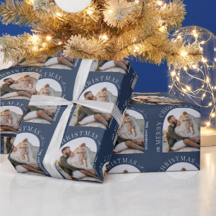 Papier Cadeau Typographie moderne photo arc Noël marine bleu