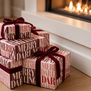 Papier Cadeau Typographie rose et bordeaux gras Merry Darling