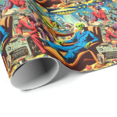 Papier Cadeau Ufo Alien Sci-fi Retro Comics (Coin rond)
