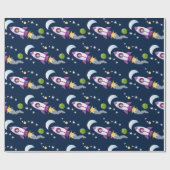 Papier Cadeau Un adorable vaisseau-fusée dans l'espace dessin an (Plat)