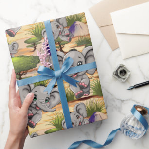 Papier Cadeau Un bébé éléphant qui sonne heureux dans la savane