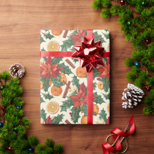 Papier Cadeau Un Modèle Floral Avec Poinsettias, Oranges, Holly