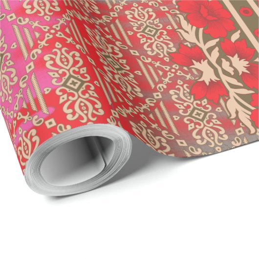 Papier Cadeau un motif à croix avec fleurs rouges et vignes (Coin rond)