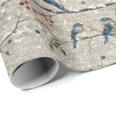 Papier Cadeau Un Oiseau Bleu Assis Sur Une Branche D'Arbre D'Hiv (Coin rond)