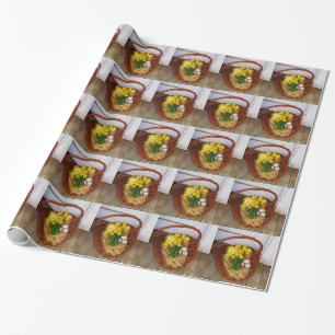 Papier Cadeau Un panier de jonquilles jaunes et d'oeufs de Pâque
