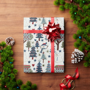 Papier Cadeau Un Snowman Et Des Arbres De Noël Dans Un Motif Ble