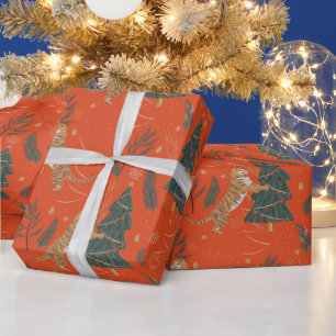 Papier Cadeau Un tigre de Noël vert et rouge unique