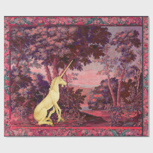 PAPIER CADEAU UNICORN EN PAYSAGE EN BOIS, ARBRES, BLEU ROSE