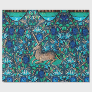 Papier Cadeau UNICORN PARMI LES FLEURS BLEUES Aqua Blue Green Fl