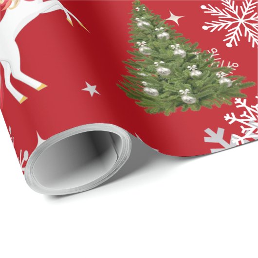 Papier Cadeau Unicorn Pulling Santa's Sleigh Snow Personalized  (Coin rond)