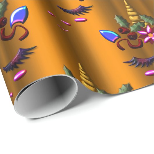 Papier Cadeau Unicorne de Noël d'or (Coin rond)