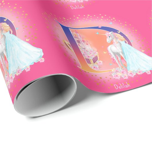 Papier Cadeau Unicorne et princesse avec la lettre du château D (Coin rond)