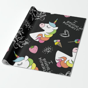 Papier Cadeau Unicorne, fraise, ananas, dessins à la crème glacé