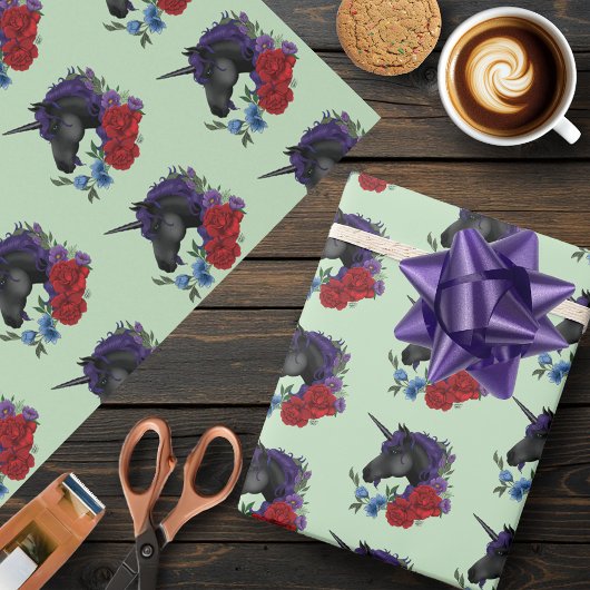 Papier Cadeau Unicorne noire violet Fleurs de Sage Rouge