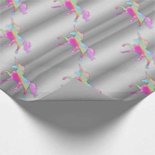 Papier Cadeau Unicornes arc-en-ciel sur argent (Coin)