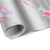 Papier Cadeau Unicornes arc-en-ciel sur argent (Coin rond)