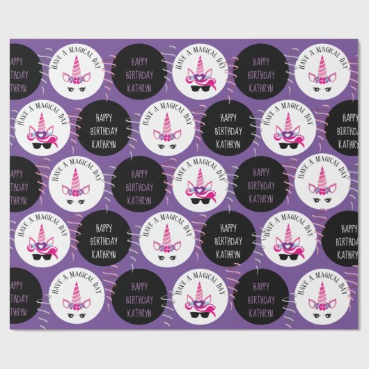 Papier Cadeau Unicornes d'anniversaire cool et personnalisée (Plat)