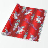 Papier Cadeau Unicornes de Noël magiques sur rouge (Déroulé)