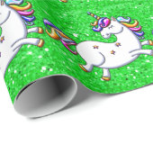 Papier Cadeau Unicornes de Parties scintillant verte (Coin rond)