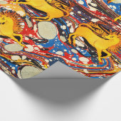 PAPIER CADEAU UNICORNES D'OR, EFFETS MARBÉS BLEU ROUGE, CERCLES (Coin)