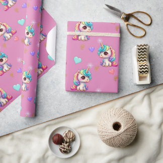 Papier Cadeau Unicornes et Coeurs étincelants rose magique