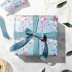 Papier Cadeau Unicornes mignonnes rose pourpre et Rainbows Girls