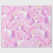 Papier Cadeau Unicorns rose violet nom personnalisé et âge 7 (Plat)