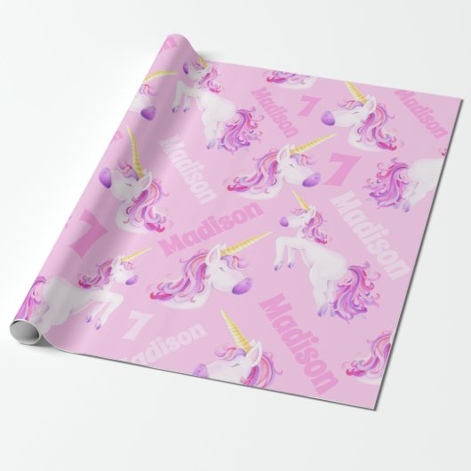 Papier Cadeau Unicorns rose violet nom personnalisé et âge 7 (Déroulé)