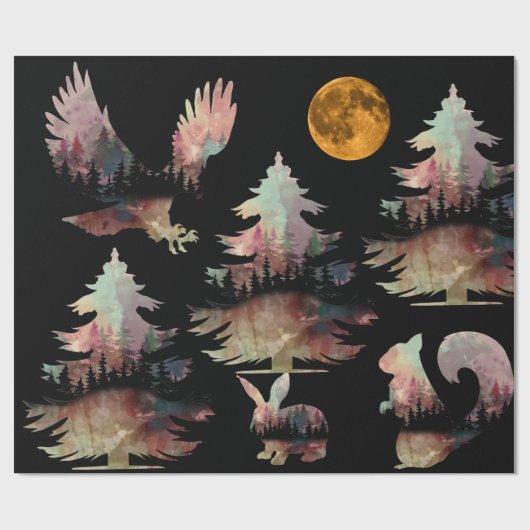 Papier Cadeau Unique Arbres Rustiques Animaux Enveloppement Papi (Plat)
