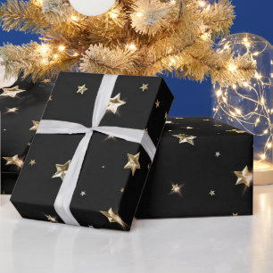 Papier Cadeau Vacances Black et Gold Faux Metal Christmas Stars