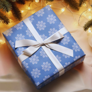 Papier Cadeau Vacances bleu blanc chinoiserie flocon de neige