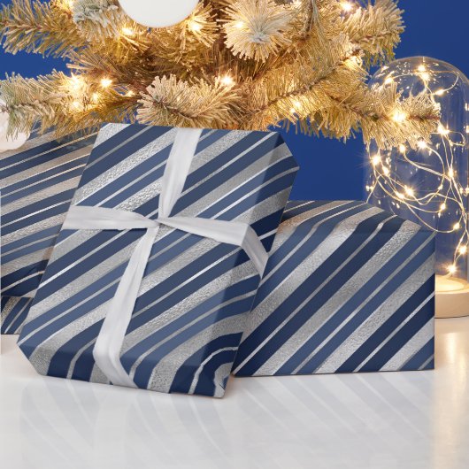 Papier Cadeau Vacances Bleu et Argent Foil Stripes de Noël (Vacances)