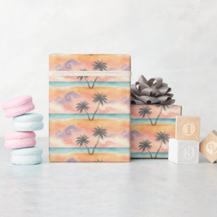 Papier Cadeau Vacances d'été Palmiers Plage au coucher de soleil